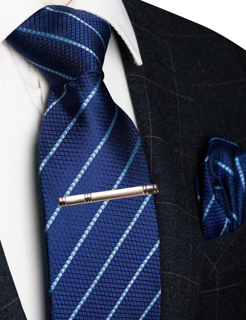 RBOCOTT Silk Stripe Plaid Tie and Pocket Square with Tie Clip Sets for Men - Image 2